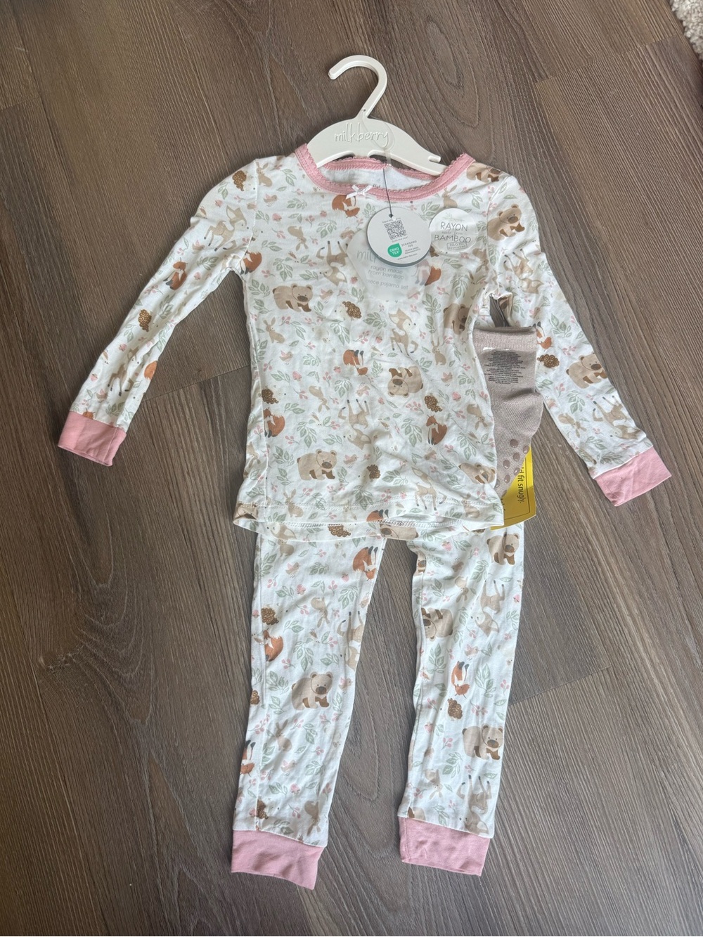 NWT MILKBERRY bamboo viscose forest animals 3 piece set pajama socks set -12m
